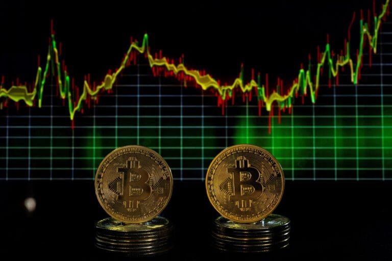 Bitcoin reaching a new all-time high on a financial chart