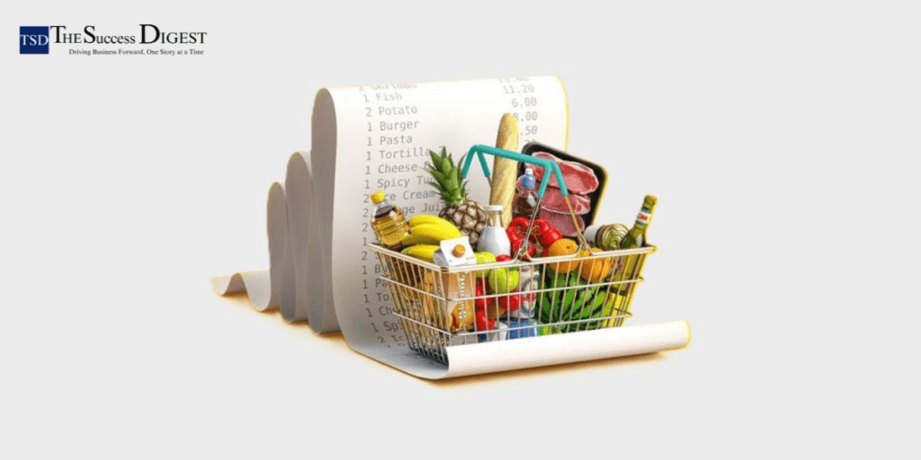 Groceries in a cart on a huge bill receipt