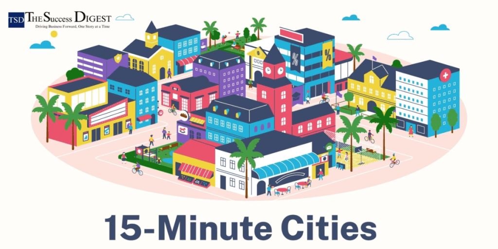 A cityscape designed with a 15-minute neighbourhood concept