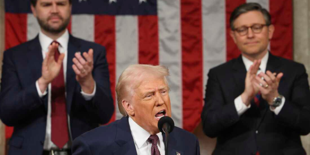 President Donald Trump delivers his 2025 presidential address to Congress on March 4, 2025, at the U.S. Capitol, as Texas Congressman Al Green is escorted out by the sergeant-at-arms amid protests, with House Speaker Mike Johnson presiding over a divided chamber in Washington, D.C.