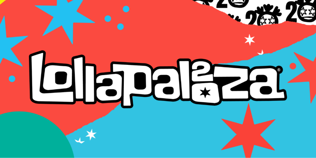 A vibrant Lollapalooza 2025 lineup poster glows on a giant screen above a buzzing crowd in Chicago’s Grant Park, featuring headliners Olivia Rodrigo, Tyler, The Creator, and TWICE in bold letters against a neon-lit festival backdrop.