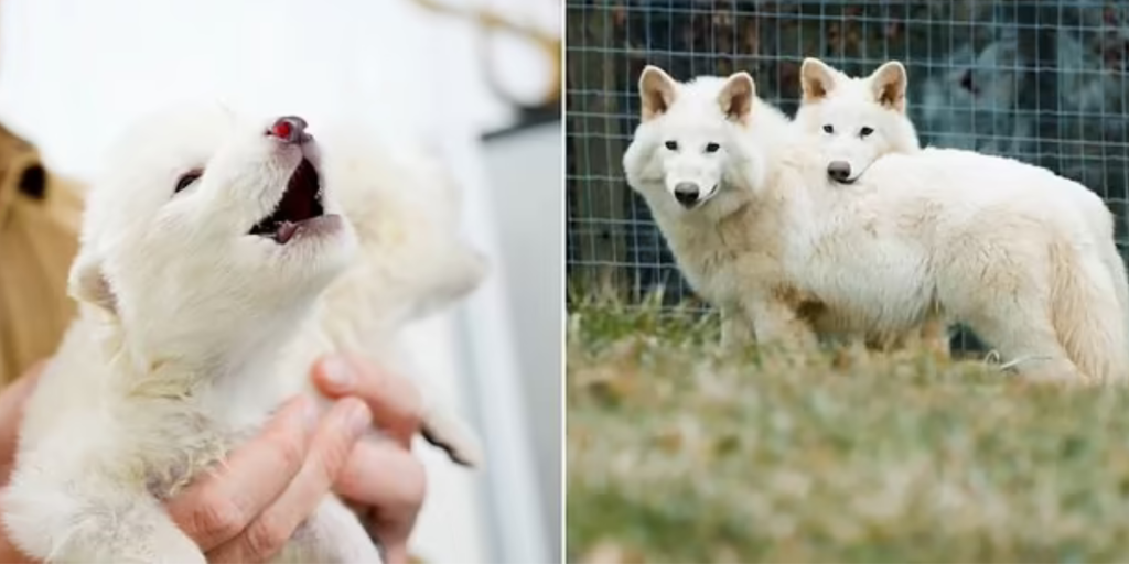 Two direwolf pups, Romulus, Remus, and Khaleesi, stand in a fenced preserve with thick white fur, flanked by Colossal Biosciences researchers in white coats, with the company logo visible against a forested backdrop.