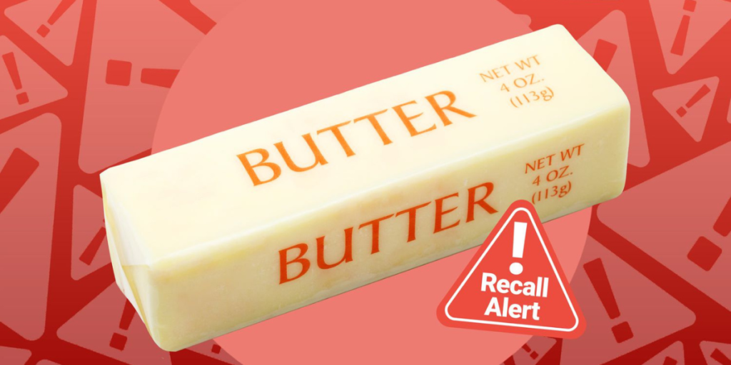 Cabot Butter on a red background with a warning label called "Butter Recalled"