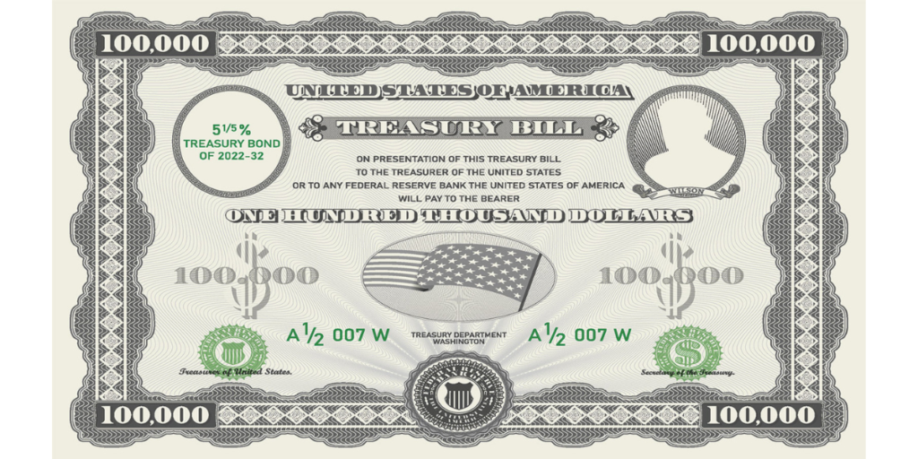 A close-up image of a US Treasury bill with the 10-year yield details highlighted, set against a financial chart backdrop showing a 4.35% yield spike amid bond market fluctuations.