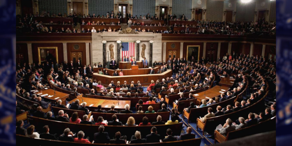 Senators seated in the historic US Senate chamber, surrounded by ornate wooden desks and red carpeting, with the presiding officer’s dais elevated at the front. Natural light streams through windows, illuminating the room’s classic architecture during a legislative session.