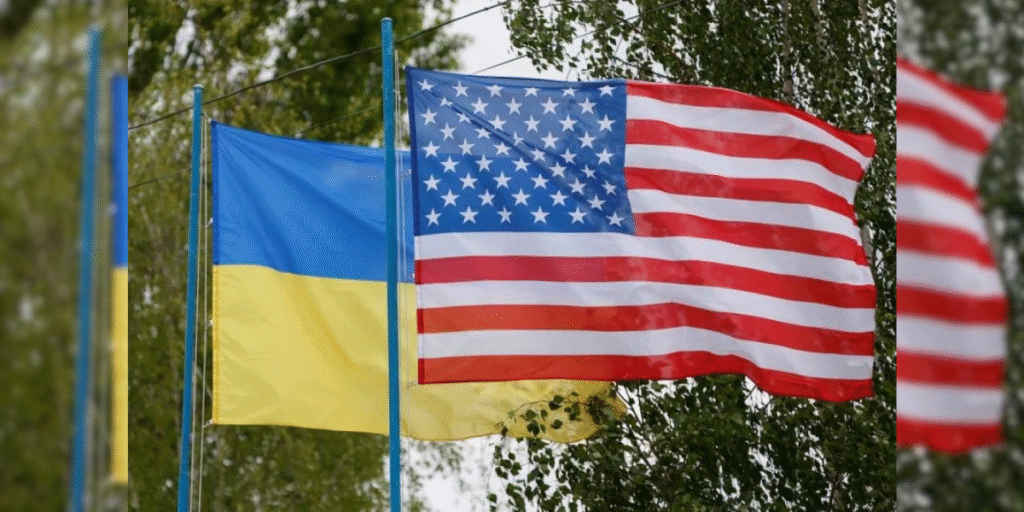 The flags of Ukraine and the United States side by side, with Ukraine’s blue-and-yellow banner slightly faded to symbolize uncertainty, against a backdrop of military equipment silhouettes, including missiles and air defense systems. The image represents the U.S. halt of missile shipments to Ukraine amid stockpile concerns in 2025.