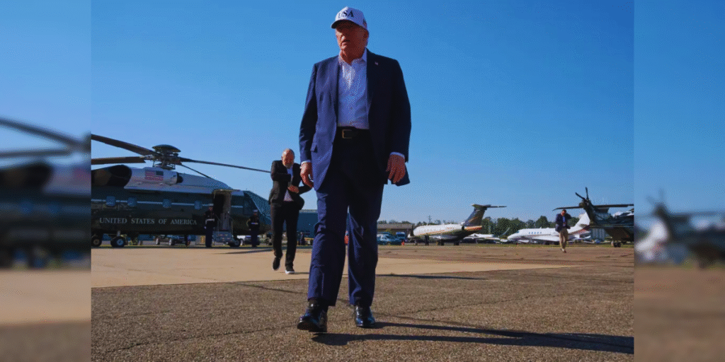 President Donald Trump walking confidently on a U.S. airbase tarmac, surrounded by military personnel and aircraft, symbolizing his administration’s authority over the 2025 PSLF overhaul and student loan forgiveness changes. A faint overlay of student loan documents and a graduation cap in the background connects the image to the student debt crisis.