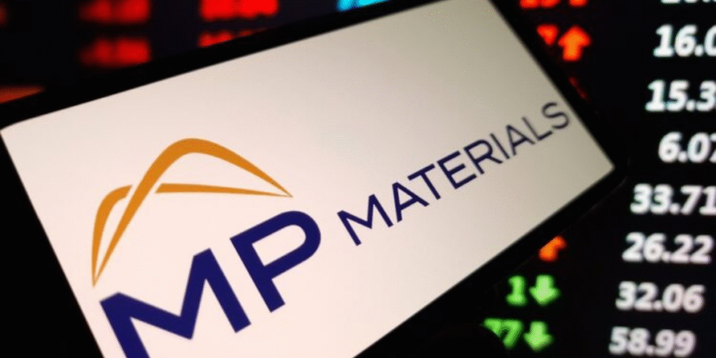A sleek tablet displaying the MP Materials logo prominently in the foreground, with a vibrant stock market chart in the background showing a rising trend line, symbolizing the 50% surge in MP Materials stock following the 2025 Pentagon deal. Subtle silhouettes of rare earth minerals and F-35 jets connect the image to the critical minerals and national security themes.