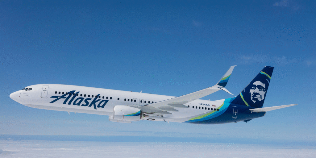 Alaska airlines aircraft flying high in sky