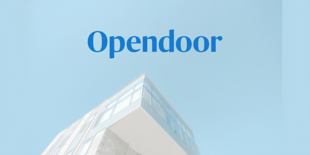 Opendoor logo with white building and blue background
