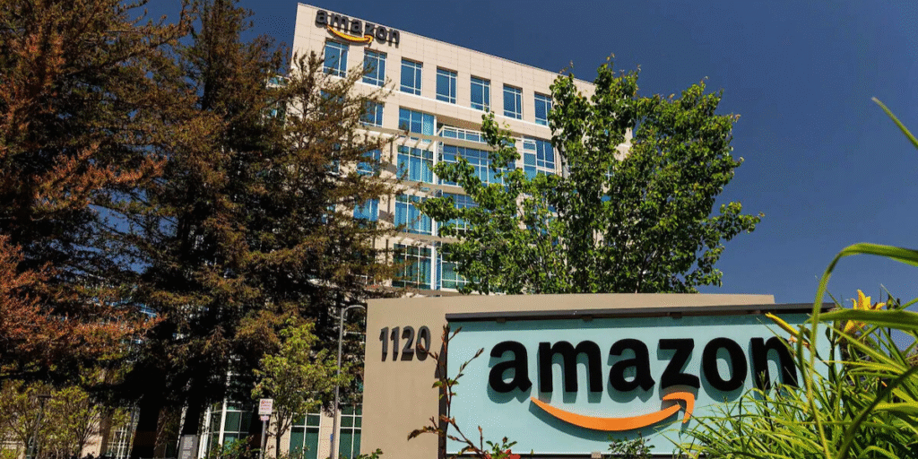 Amazon written on the pavement outside amazon building