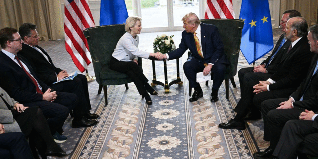 ursula von der leyen and Donald Trump shaking hands on US EU trade deal