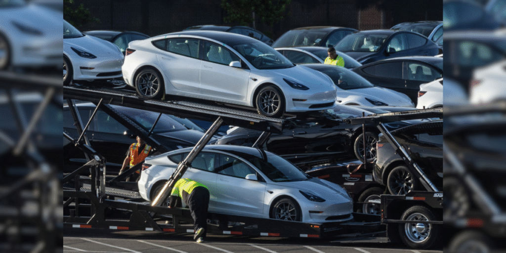 Tesla cars stacked on each other while unloading
