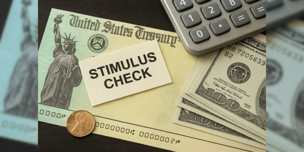 Stimulus check written on a paper that is on a us dollar note with penny and calculator lying around it