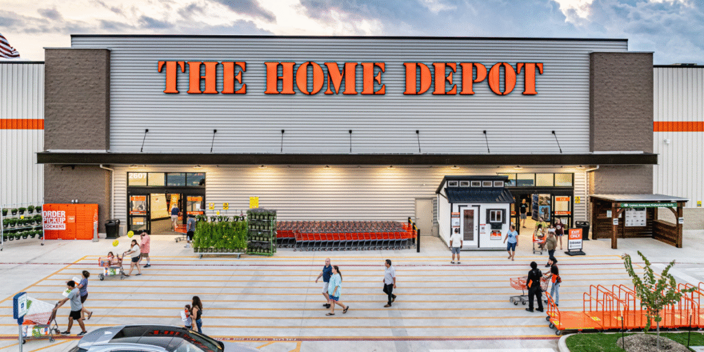 Home depot store with people walking on the street