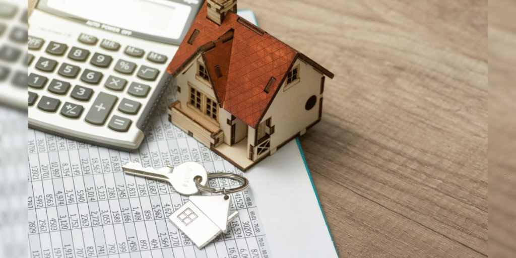 Home calculator and key with mortgage rate sheet on table