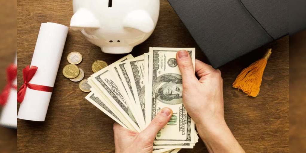 Woman counting US dollar bills over a graduation hat and degree