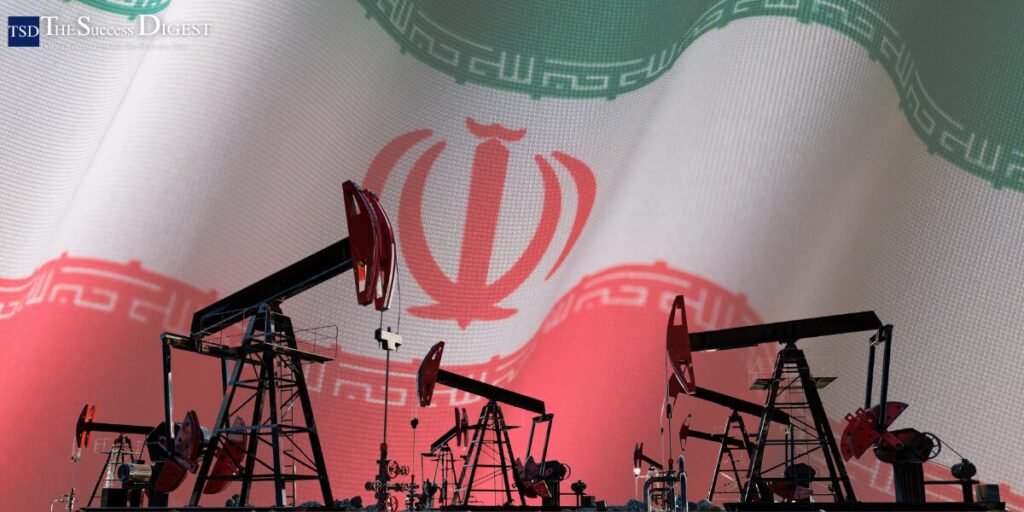 The article includes an image of oil rigs with an Iranian flag background.