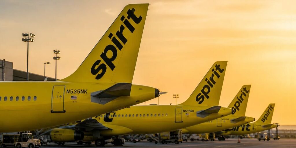 Includes an image of Spirit Airlines aircraft tails.