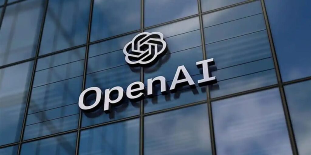 Includes an image of the OpenAI logo on a glass building.